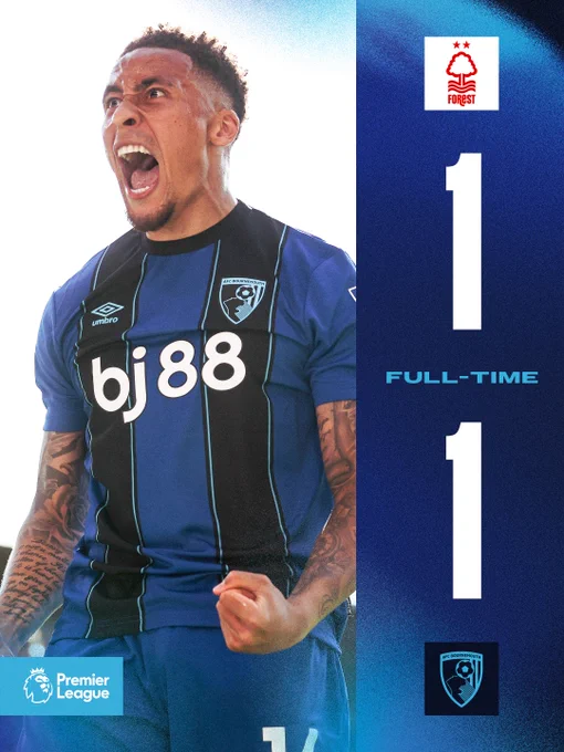 Full-time: Nottingham Forest 1-1 AFC Bournemouth.
