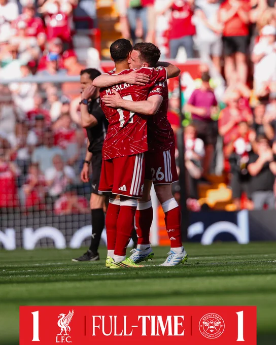 Full-time graphic for Liverpool vs Brentford in the Premier League.

The final score is Liverpool 1-1 Brentford.