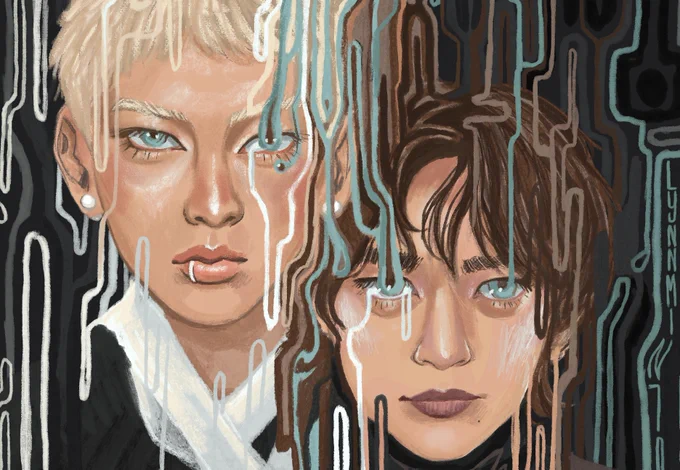 Atmos Key and Minho portraits in which they are bleeding color into one another and the background as if looking through an abstracted window with rain