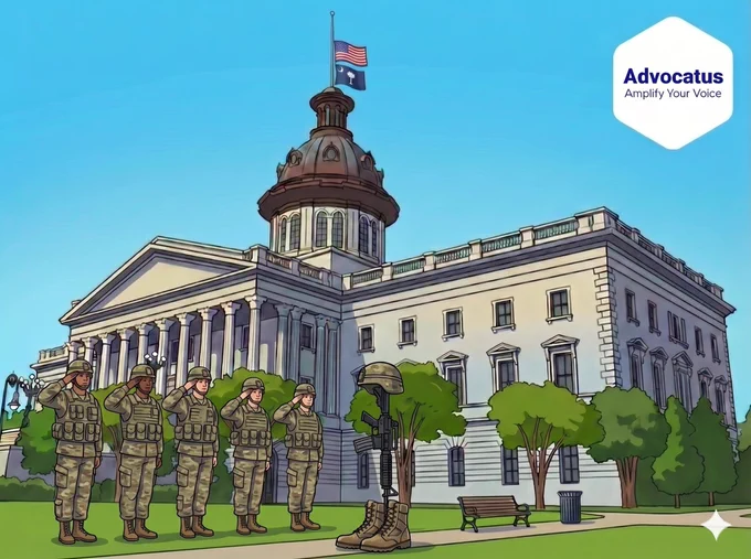 A color cartoon image of the South Carolina state capitol. The American and South Carolina flags are flying at half-mast. In front of the building are seven Army soldiers saluting a fallen soldier, represented by a pair of boots with a rifle inserted and a helmet atop the rifle.