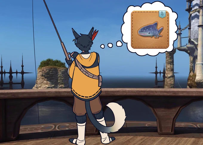 comic panel 1/5

a black-haired male miqo'te, z'ahra, stands with his back to us on the deck of a ship, fishing. he is thinking about the junior jinbei minion, which he seeks to catch!