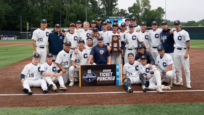 Catawba Baseball with their Southeast Region championship trophy.