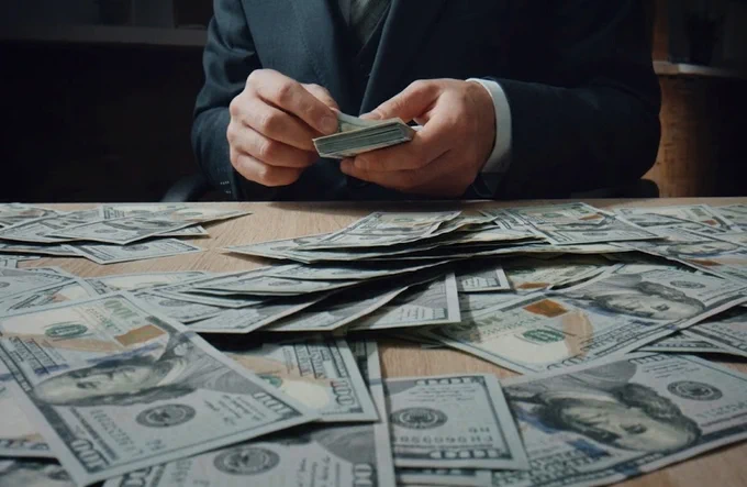 A person in a suit counts a stack of hundred-dollar bills at a wooden table covered with similar bills. The setting feels business-like and professional.