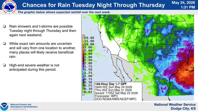 There are moderate to high chances for showers and t-storms Tuesday night through Thursday.