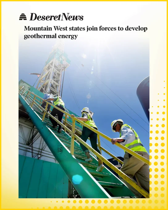 Workers in safety gear ascend a green metal staircase at a geothermal energy site under bright sunlight.