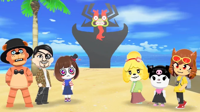 Screenshot of Tomodachi Life. It shows some of the island's Miis, such as Freddy Fazbear, Goro Majima, Pomni, Isabelle, Kuromi and Kit, with Aku in the background.