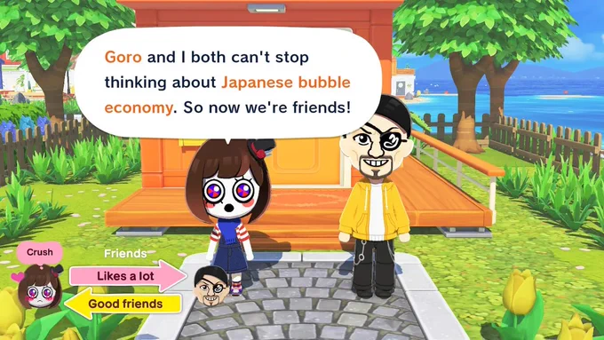 Screenshot of Tomodachi Life. Pomni and Goro Majima bonded over talking about the Japanese bubble economy.