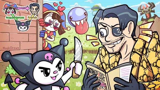 Drawing of characters and Miis featured in my Tomodachi Life: Living the Dream Island. Goro Majima is reading One Piece while Kuromi is showing him a knife. Pomni is spying on Majima alongside Bubble, while Aku looms on the horizon.