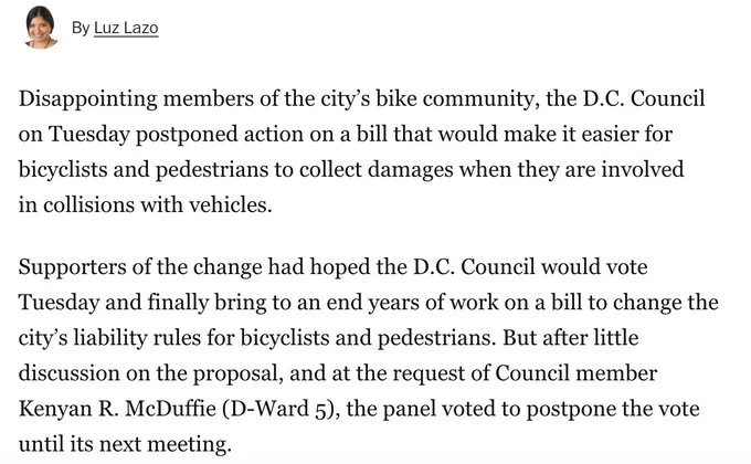 9 years ago. More political games by @kenyanmcduffie 

Mcduffie proposed an amendment that threatened to derail a bill to fix an unjust “contributory negligence” rule for people hit by drivers while walking and bicycling. 

Link: https://archive.ph/Nallu