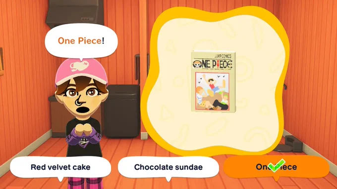 Screenshot of Tomodachi Life. Caffie, from one of our games, is doing a quiz, featuring a copy of One Piece.