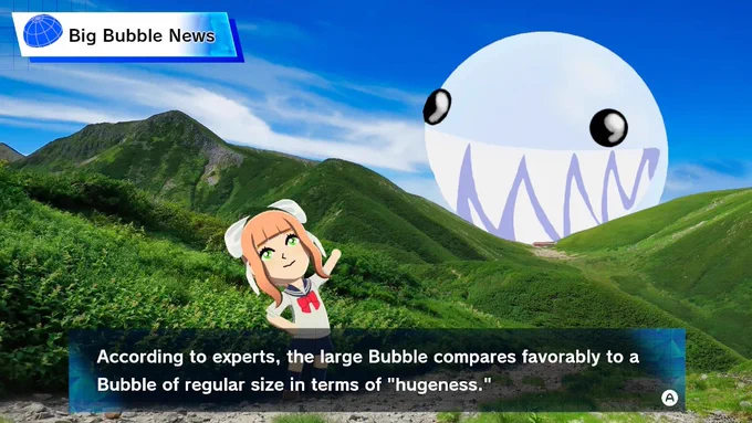 Screenshot of Tomodachi Life. Monika is in the news with a giant Bubble in the background.