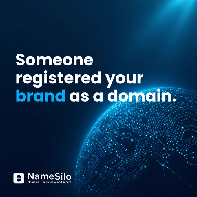 NameSilo hero image: Someone registered your brand as a domain — dark navy globe background.