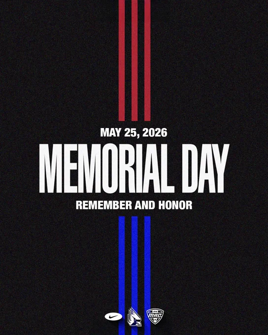 Memorial Day Graphic from Ball State Athletics. 
May 25, 2026
Text saying Remember and Honor 
Nike, Ball State, and Mid-American Conference logos at the bottom. 
Black background 