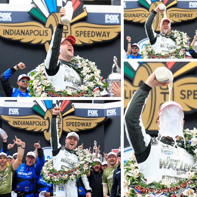 Felix Rosenqvist reacts with milk after winning the Indy 500.