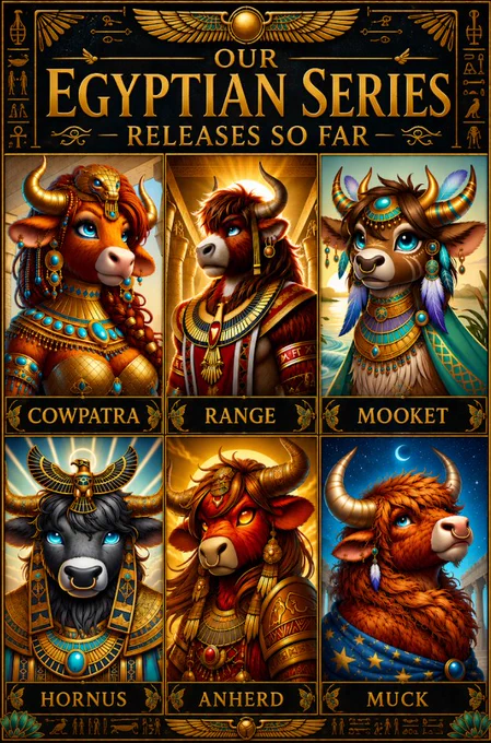 A collection of six animal characters styled in ancient Egyptian attire, featuring playful names like Cowpatra and Hornus. The image presents an imaginative fusion of mythology and animals.