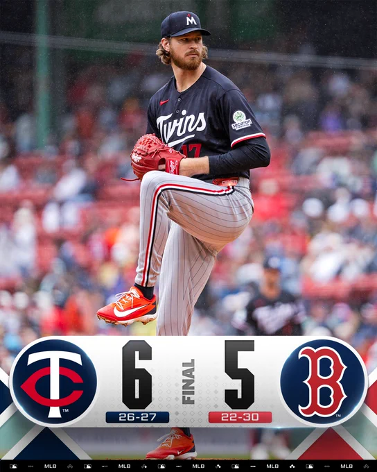 Final Score Graphic 5/24/26
Minnesota Twins 6 (26-27), Boston Red Sox 5 (22-30)
Pictured: Bailey Ober delivers a pitch Sunday afternoon at Fenway Park. He wears a navy Twins uniform with white lettering.
(Photo: Natalie Reid/Major League Baseball)
