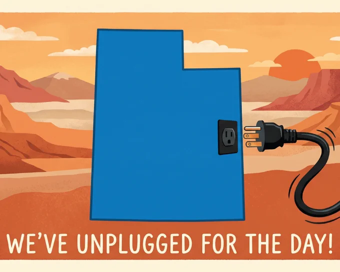 An illustrative poster rendered in a vintage travel brochure style displays the caption "WE’VE UNPLUGGED FOR THE DAY!" against a canyon landscape background featuring mountains, cliffs, and a setting sun in shades of orange and brown with a beige text panel at the bottom. Positioned in the center is a solid blue state-shaped cutout with a black electrical outlet on the right side. To the right of the outlet is a black electrical plug with three brass prongs that has been pulled out from the socket.
