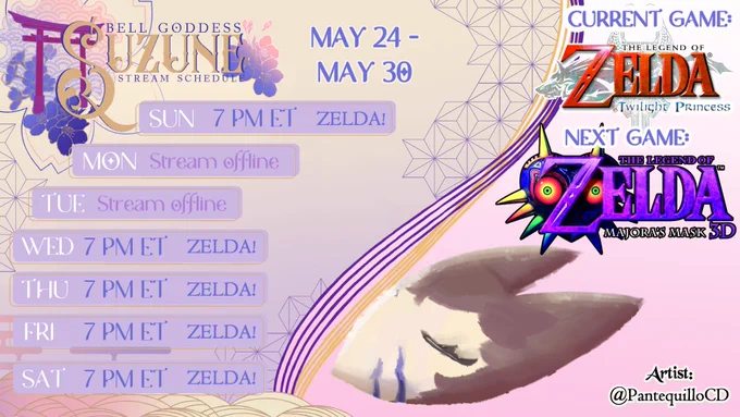 Schedule for 5/24 - 5/30:
Sun, 7 PM ET: ZELDA!
Wed, 7 PM ET: ZELDA!
Thurs, 7 PM ET: ZELDA!
Fri, 7 PM ET: ZELDA!
Sat, 7 PM ET: ZELDA!