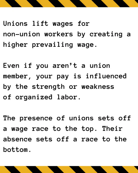 Unions lift wages for non-union workers by creating a higher prevailing wage.

Even if you aren't a union member, your pay is influenced by the strength or weakness of organized labor.

The presence of unions sets off a wage race to the top. Their absence sets off a race to the bottom.