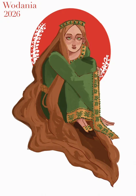 a painting of rohanne webber from a knight of the seven kingdoms series. she wears a green dress with golden trimming, as well as a circlet of gold and emerald on her head. her hair is loose. she sits on the ground with her knees pulled to her chin and her gaze focusing on the viewer. she is framed by a bright red circle. the background is a simple white.