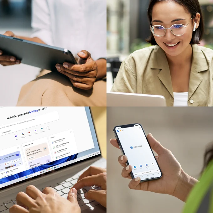 Four-panel collage showing people using different devices. Top left shows hands holding a tablet. Top right shows a person wearing glasses using a laptop at a desk. Bottom left shows hands typing on a laptop with a browser interface visible on the screen. Bottom right shows a hand holding a smartphone displaying a web browser interface.