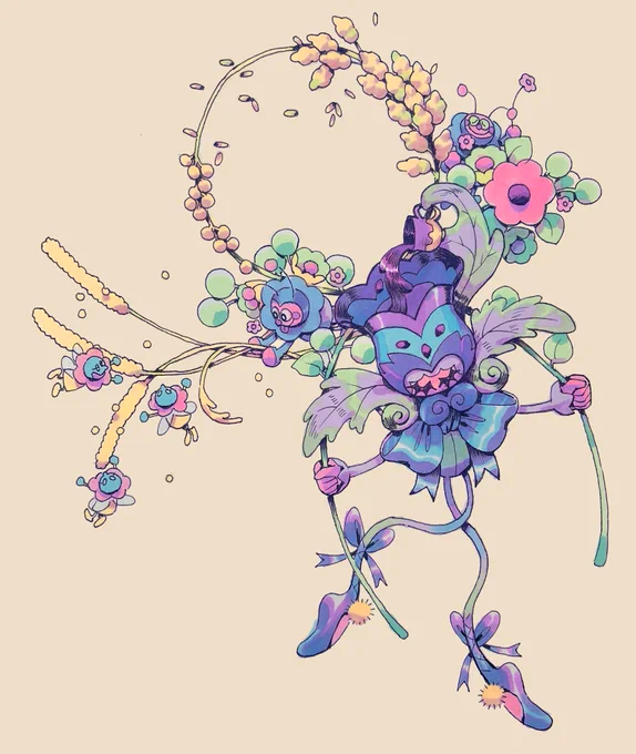 dancing fairy holding wheat ane flowers, other smaller fairies excited by the harvest