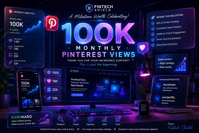 A premium modern tech-themed milestone graphic showing a futuristic digital workspace with glowing monitors, analytics charts, and Pinterest-inspired visual elements. In the center, bold elegant typography displays “100K Monthly Pinterest Views” with subtle neon blue and purple lighting effects. The background features a sleek creator setup with a smartphone, floating engagement icons, and minimal AI-inspired interface elements. The atmosphere should feel motivational, cinematic, and professional, representing growth, consistency, and digital success.