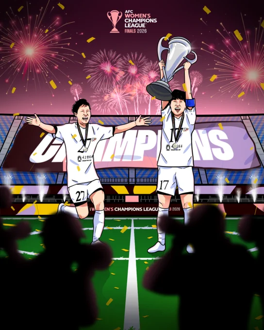 Illustration celebrating the AFC Women's Champions League finals 2026 with players lifting a trophy amid fireworks and confetti. The scene captures a joyful and triumphant moment on the field.
