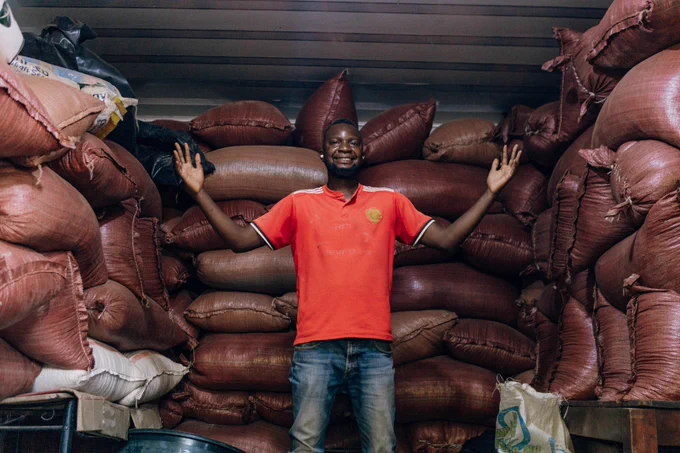 Sunday Muzeya with 230 bags of maize harvested during the 2024-25 season at his farm in Mufulira District, Zambia, in June 2025. Photo Credit: Tsolofelo Miladzi / JAP.