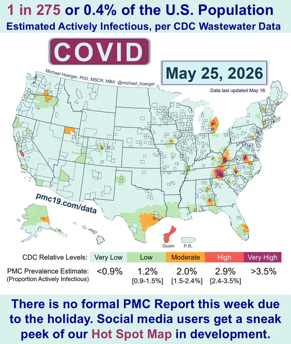 Test version of the PMC Hot Spot Map. Counties with black boundaries use the median CDC level for that county. Counties with white boundaries are imputed based on nearby areas with data. See the next post for site-specific levels that require less inference. Note that for counties without CDC monitoring, the imputation process is just an estimate. Any county could be Very High or Very Low, regardless of what happens nearby. The general assumption is that if data are not being monitored in an area, people tend to use the nearby data anyway for a gist-level best estimate, acknowledging the uncertainty in doing so. 