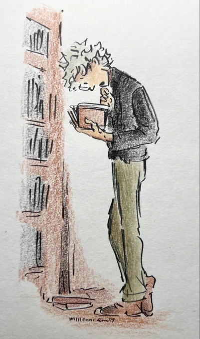 Colored pencil and ink sketch of Qifrey standing next to a bookshelf. He wears a black turtleneck, green pants, and brown shoes, and he bends his neck far over a book, deeply engrossed.