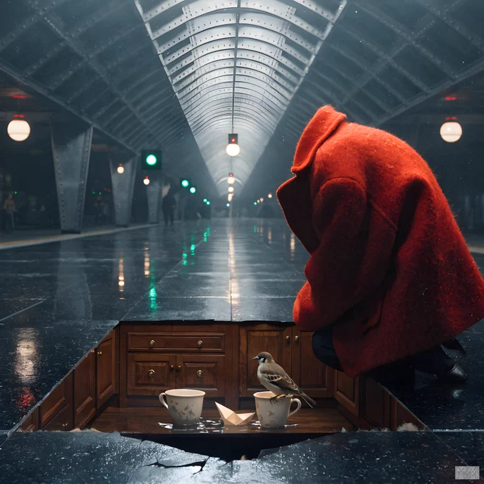 A headless person in a large red coat is crouching on a shiny black floor. In front of them, there is a rectangular hole in the floor revealing wooden cabinets. Inside the hole, two white cups and a small paper boat are visible. A bird is perched on one of the cups. The background shows a long, arched corridor with a series of round lights and green signals. People are faintly visible in the distance.