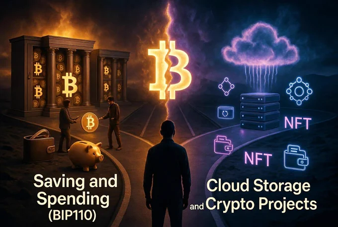 A person standing at a glowing fork in the road, deciding Bitcoin's future