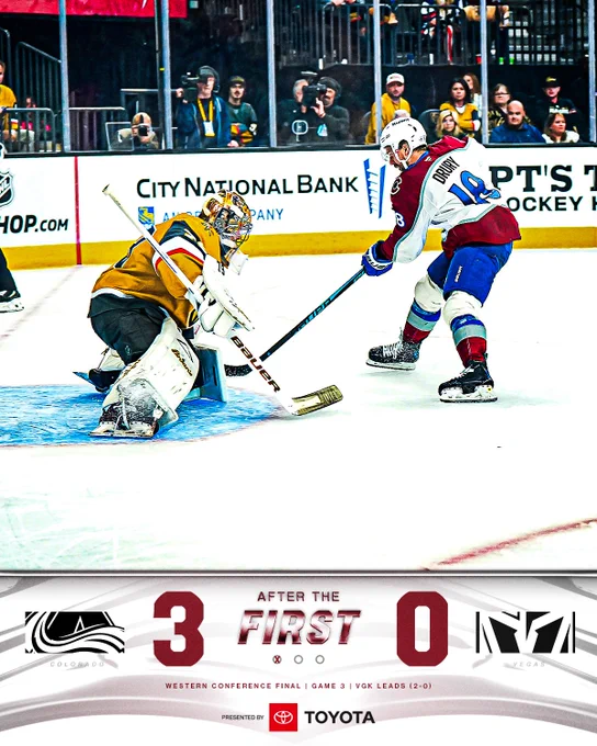 Score after the first period:
Colorado Avalanche, 3.
Vegas Golden Knights, 0.

Presented by Toyota