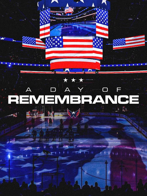 A graphic for Memorial Day that features a photo Capital One Arena during the National Anthem that shows the American flag projected on the ice. The text "A day of remembrance" is featured in the middle.