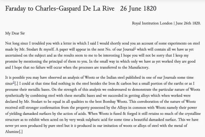  Faraday’s own letter describing the work on Indian steel


