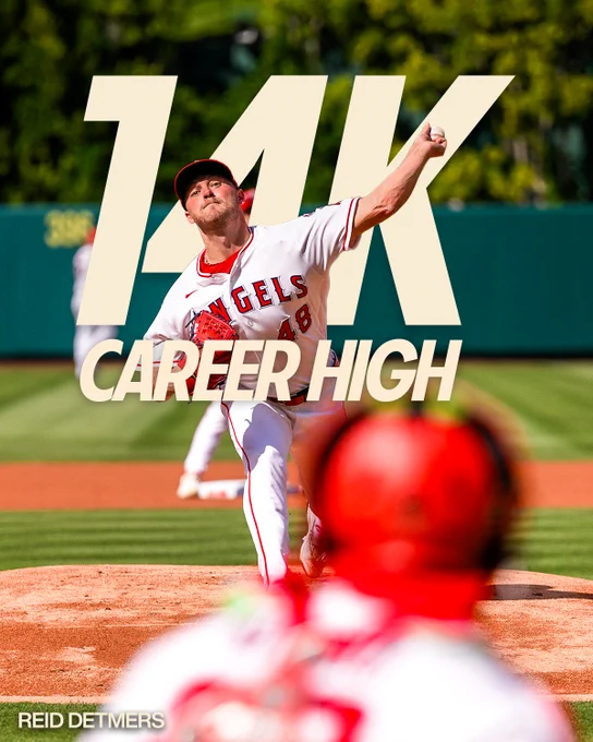 A stat graphic with Reid Detmers pitching from a straight on angle with text reading 14K Career High in the background.