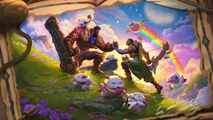 An adventure log lies open. The pages show K’Sante helping Tope up a hill while poros roam around them and through the sky, trailing rainbows behind them.