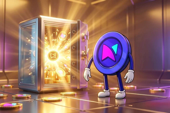 3D crypto illustration showing the Minutes Network Token X (MNTx) mascot standing beside an open high-security digital rewards vault overflowing with glowing MNTx reward tokens. Bright golden light beams radiate from inside the vault, symbolizing the successful completion of the 18th monthly tranche of epoch rewards within the Minutes Network Token X staking ecosystem. The vault environment represents secure on-chain reward distribution, transparent staking economics, decentralized telecommunications infrastructure, blockchain verification, and predictable token reward generation. Gold and purple lighting reflects the MNTx brand identity while scattered tokens emphasize monthly staking node rewards, token utility, and long-term ecosystem growth. The image visually represents verifiable on-chain rewards, validator and switch node staking performance, Web3 telecom innovation, and the Minutes Network Token commitment to transparency, security, and sustable decentralized network rewards