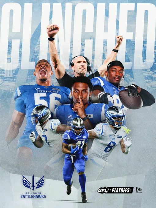 Collage of St. Louis Battlehawks players celebrating their playoff spot with a bold text overlay. Energetic and victorious mood.