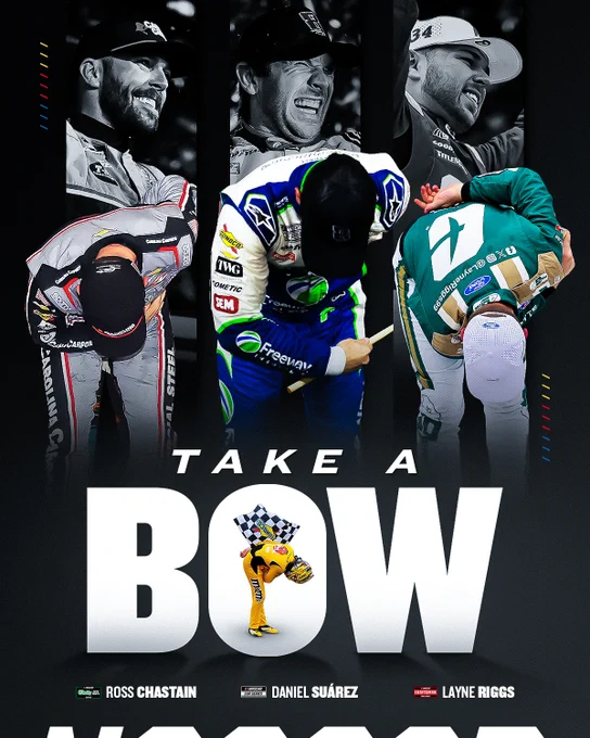 Take A Bow graphic featuring Daniel Suárez, Ross Chastain and Layne Riggs celebrating with bows in honor of Kyle Busch.