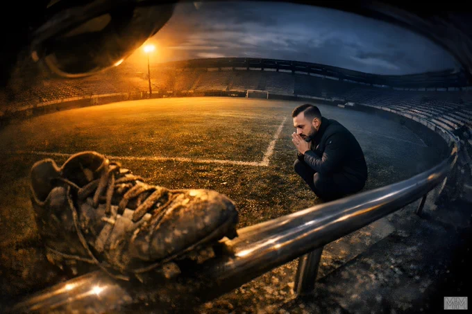 A man in a dark jacket is crouching near the edge of a soccer field, with his hands clasped near his face. A single floodlight illuminates the field, casting a warm glow. In the foreground, a muddy soccer cleat rests on a metal railing. The stadium seats are visible in the background under a cloudy sky.