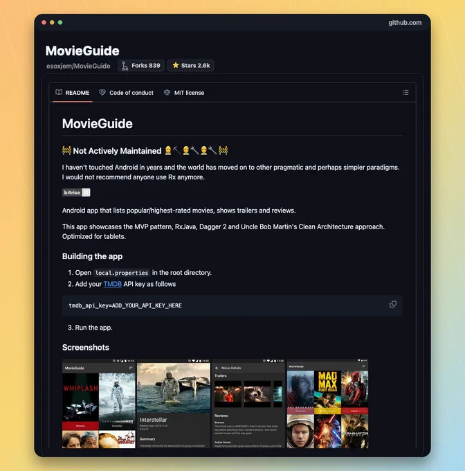 GitHub README screenshot for esoxjem/MovieGuide