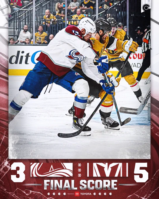 Final:
Colorado Avalanche, 3.
Vegas Golden Knights, 5.

Presented by Toyota