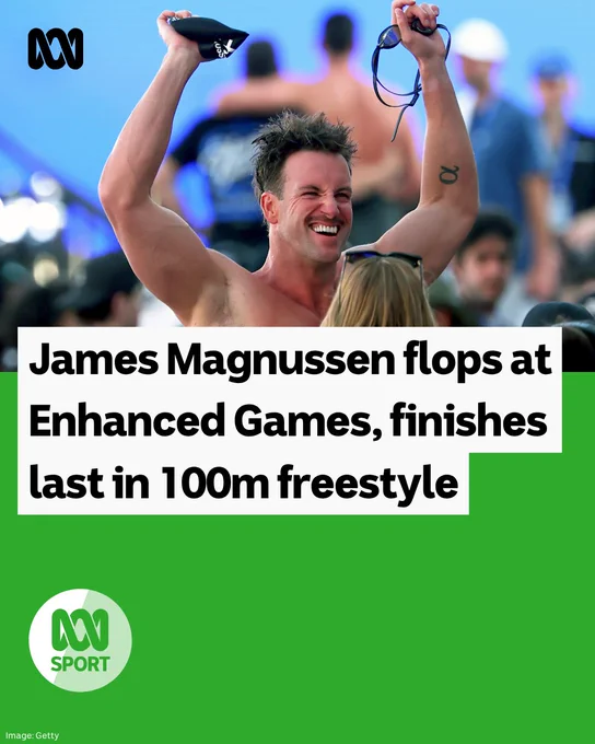James Magnussen smiles nad raises his hands at the Enhanced Games.