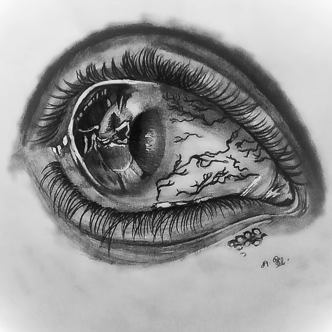 A realistic graphite pencil drawing of a human eye with detailed anatomy and dramatic shading. The sketch features long curled eyelashes, reflective highlights in the iris, visible blood vessels spreading across the sclera, and smooth tonal blending around the eyelids. The eye appears emotional and glossy, with strong contrast between dark shadows and bright reflections, showcasing intricate pencil texture and patience-driven realism.