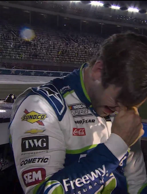 Daniel Suarez in tears after winning at Charlotte.