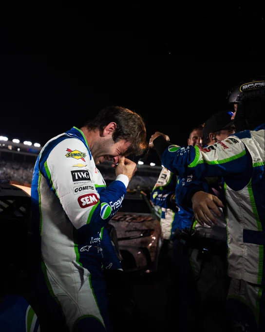 Daniel Suárez is emotional on pit road at Charlotte Motor Speedway.