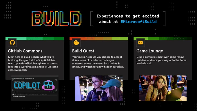 Event graphic for Microsoft Build featuring GitHub Commons, Build Quest, and Game Lounge activities with text and images.