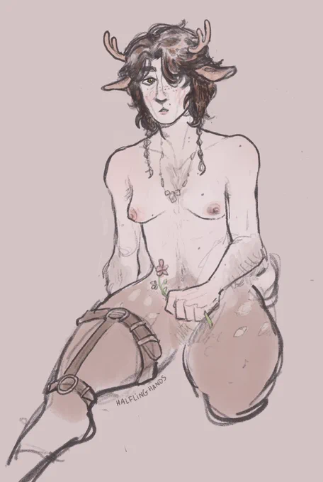 Digital sketch of viktor arcane interpreted as a mythical faun, colored in soft pink and brown tones. He is sitting with one leg beneath him and one stretched out in front. He is looking up curiously while holding a flower